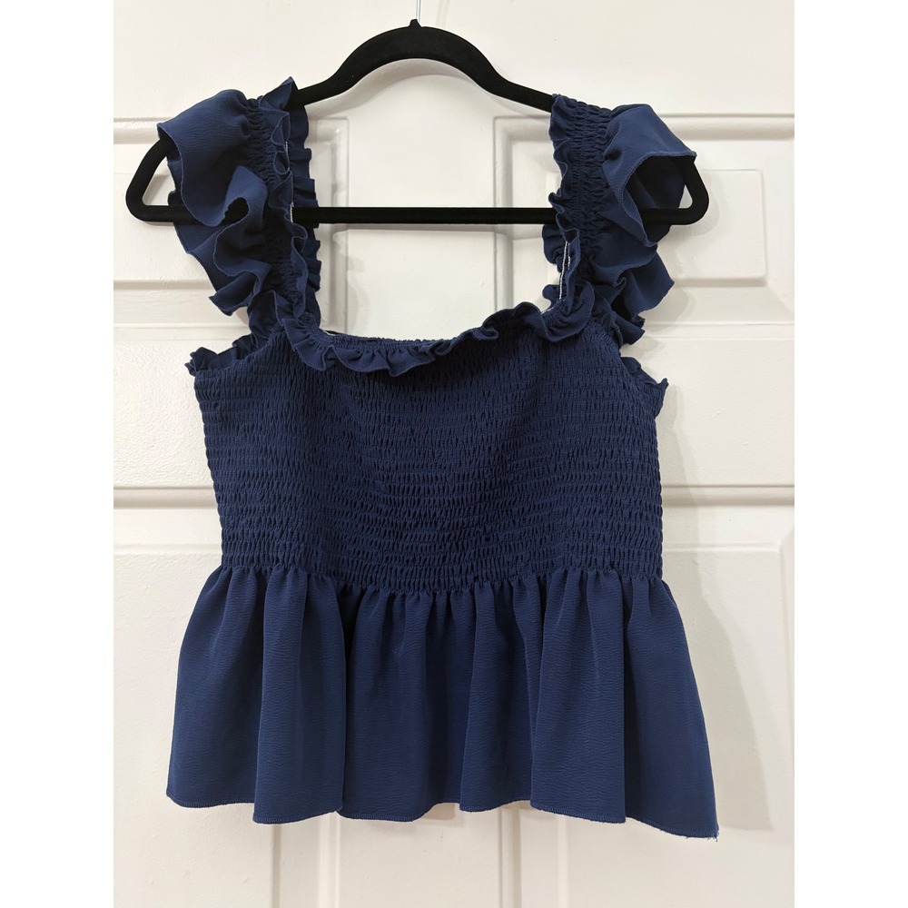 Smocked Ruffle Strap Blouse in Navy